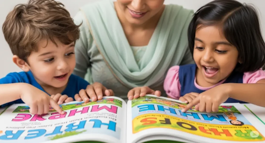 Close-up of a teacher reading a colorful nursery rhyme book with young children, emphasizing language and literacy development.