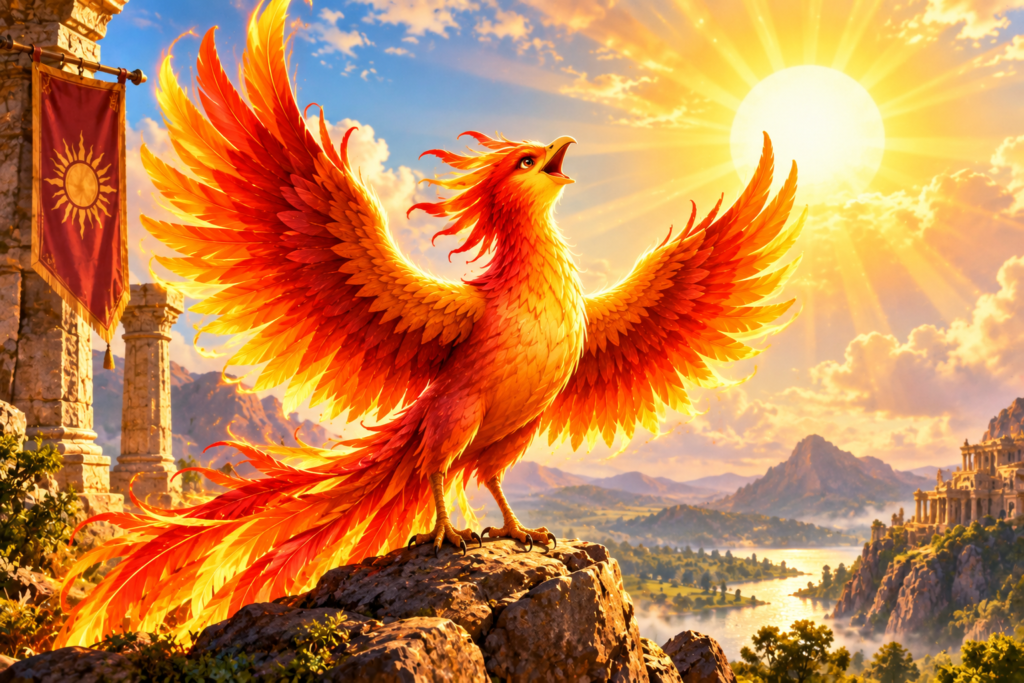A young Phoenix spreading its wings and singing to the sun after being reborn