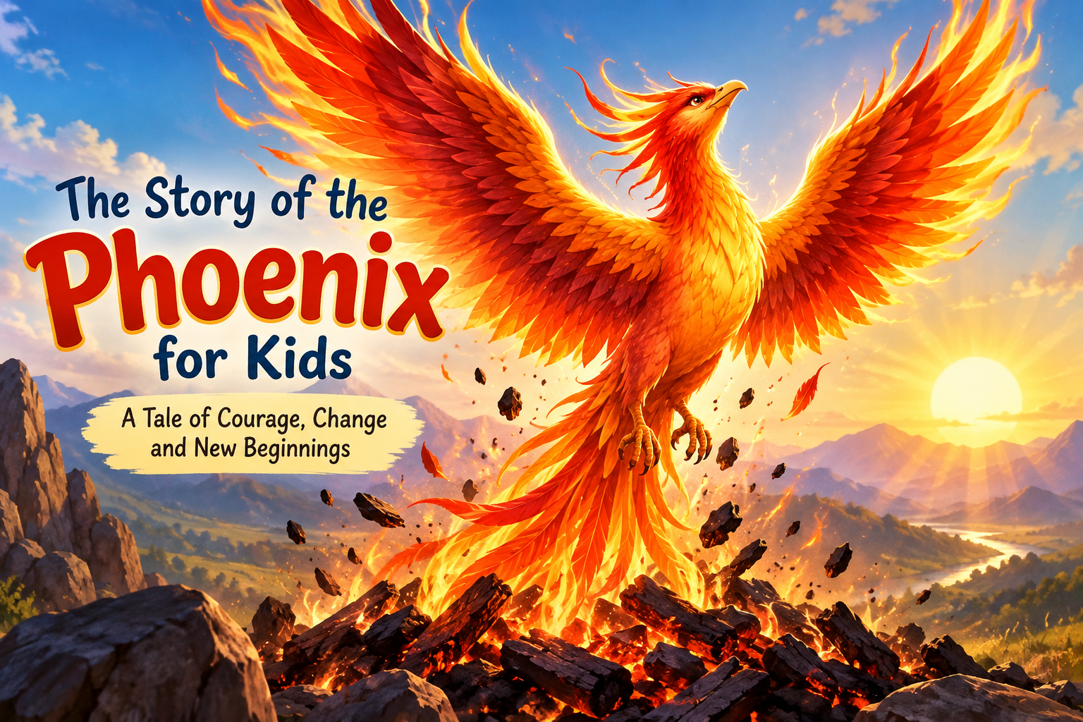 Phoenix story for kids — glowing red and gold bird rising from the ashes