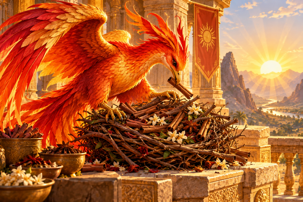 The old Phoenix building its nest of cinnamon twigs and fragrant spices at the Temple of the Sun