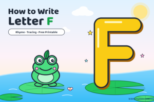 Fenny the Frog next to a capital letter F for kids