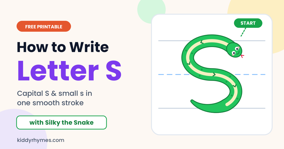 Silky the Snake curled into a capital letter S with a start dot